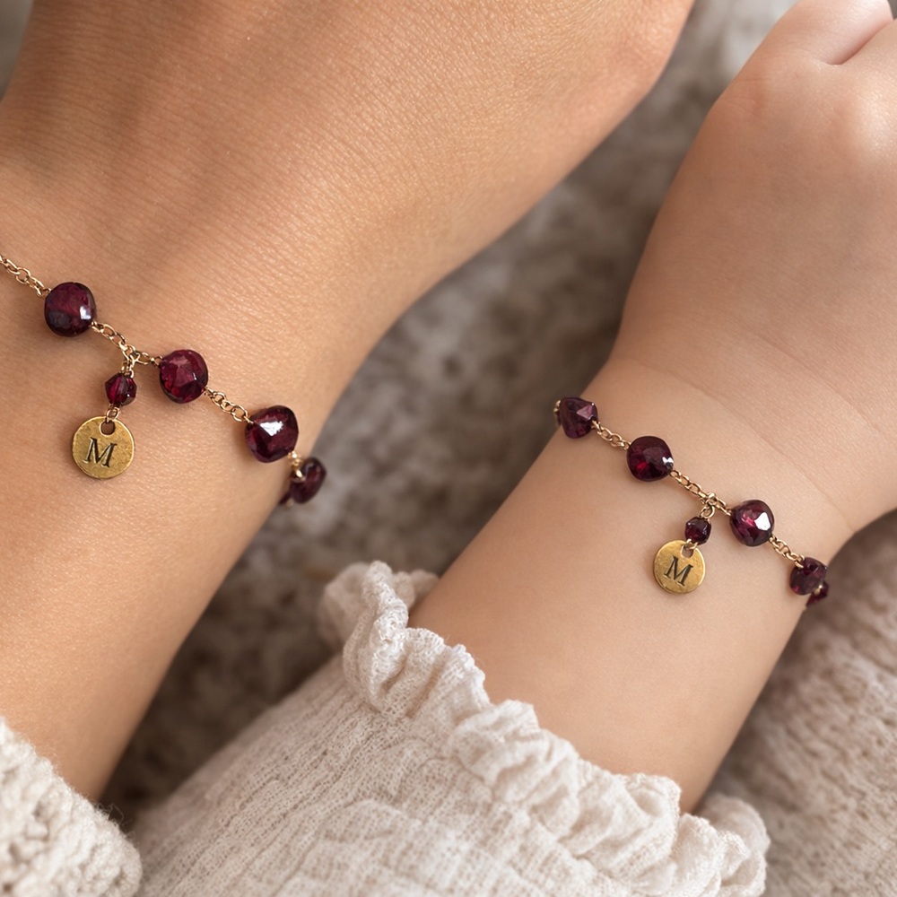 Personalized mother and child Garnet Beaded Bracelet with Gold Initial Charm
